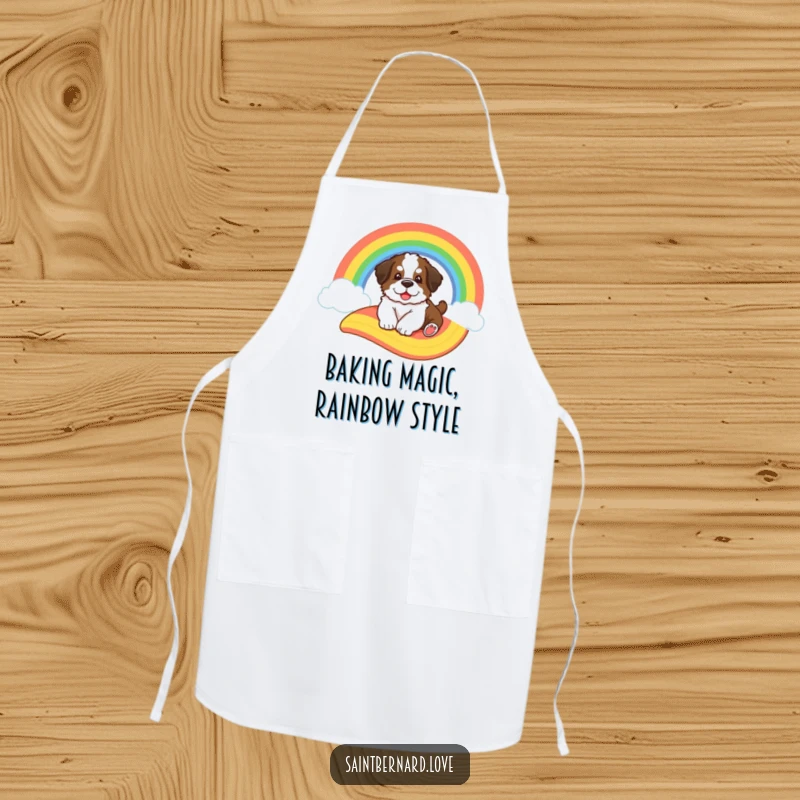 Funny Saint Bernard apron, depicting a big fluffy puppy joyfully sliding down a colorful cartoon rainbow, ready for kitchen fun.