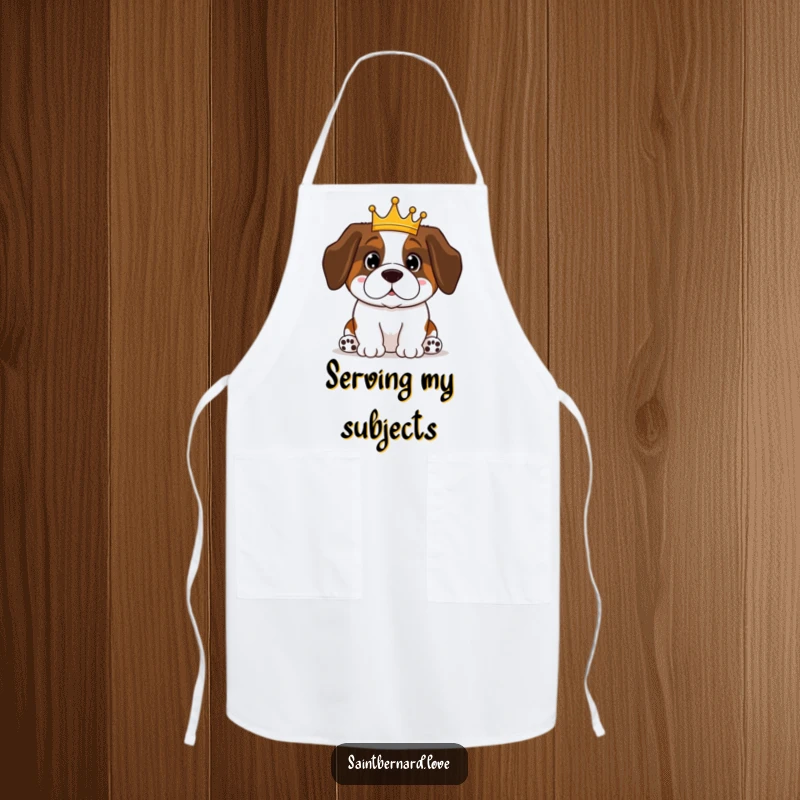 Funny Saint Bernard apron showing a proud, crowned Kawaii dog, ready to assist in the kitchen. A humorous cooking accessory.