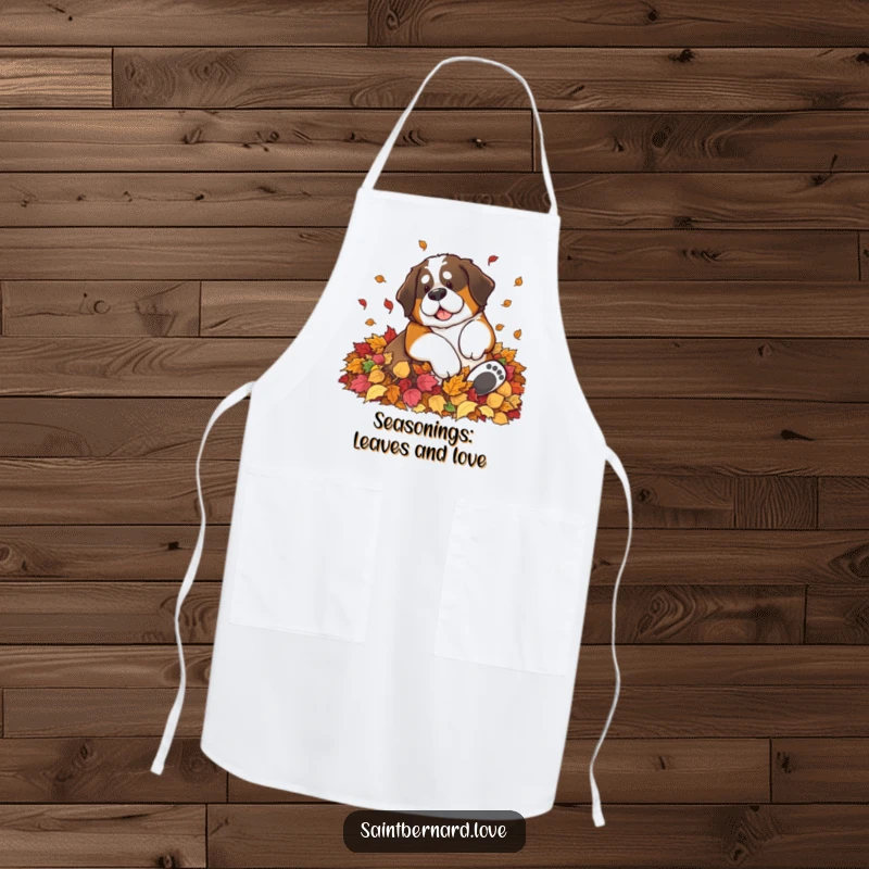 Funny Saint Bernard apron showing a large dog joyfully rolling in a pile of autumn leaves, perfect for seasonal kitchen fun.