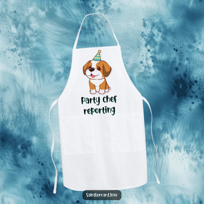 Funny Kawaii Saint Bernard Apron: A dog wearing a party hat, ideal for festive cooking.