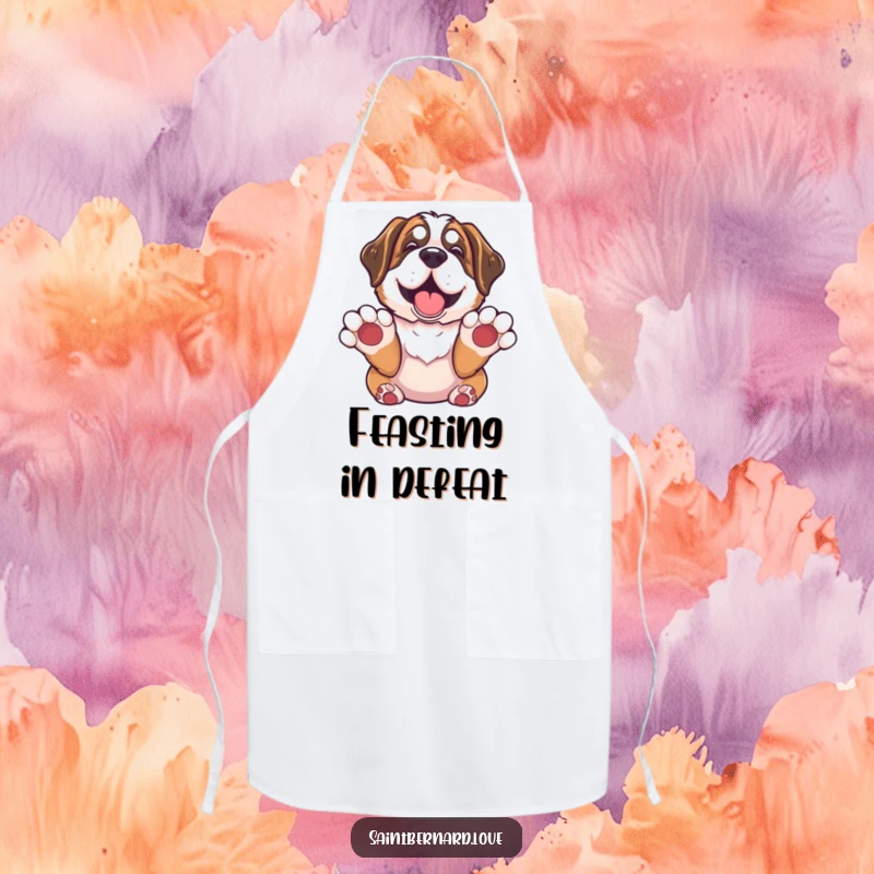 Funny Saint Bernard Apron: Kitchen apron with a Saint Bernard with paws up in surrender, looking utterly delighted, a humorous and functional cooking accessory.