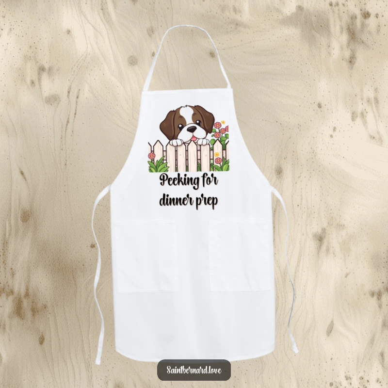 Funny Kawaii Saint Bernard Apron designed for cooks, showing a dog peeking over a garden fence with a curious look.