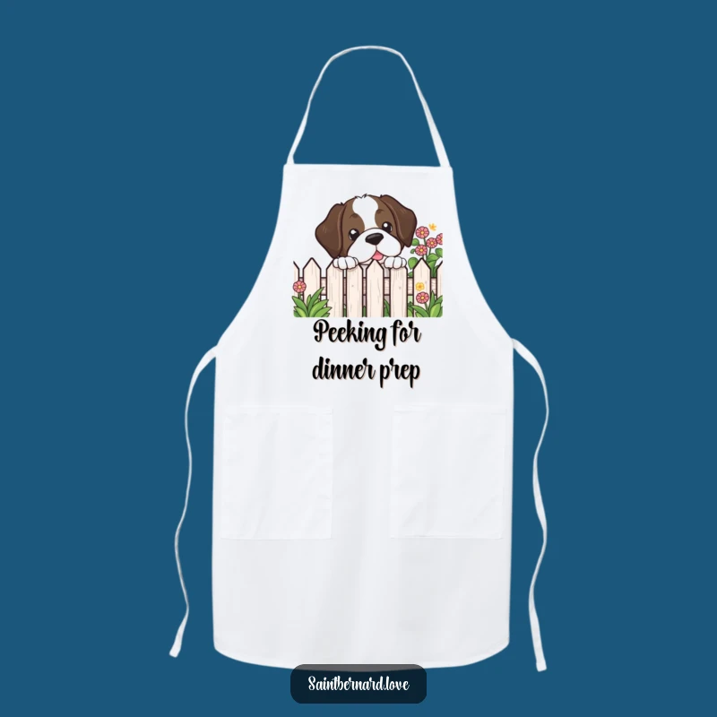 Cook with a smile using this funny kawaii Saint Bernard apron, featuring a dog peeking playfully over a garden fence. Protects your clothes with charm.