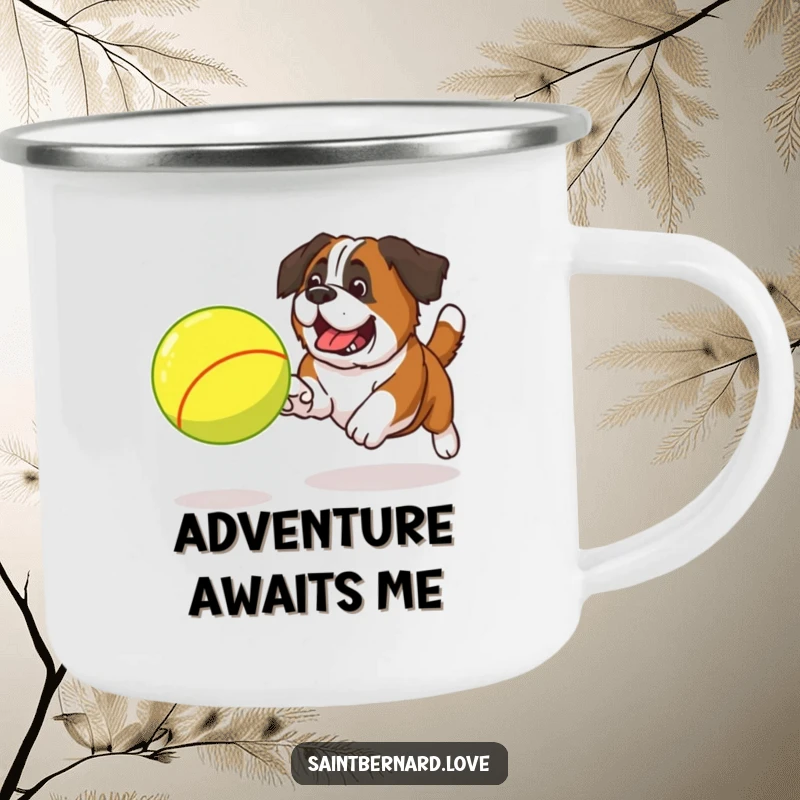 Funny Saint Bernard tennis ball camping mug showing a dog excitedly chasing a large ball, ready for outdoor fun.