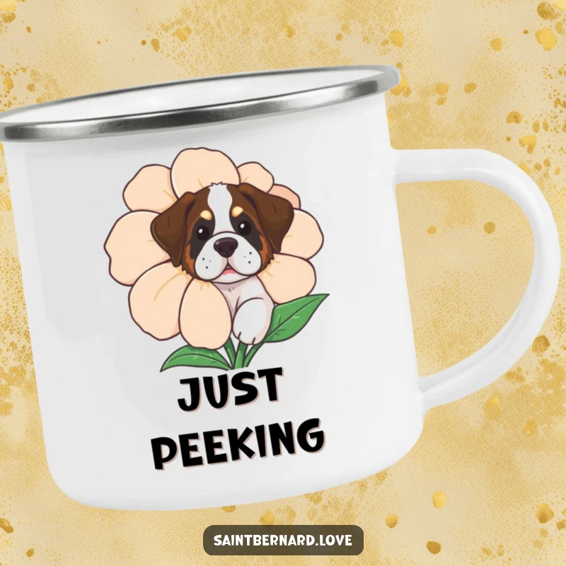 Funny Saint Bernard Camping Mug, a curious dog peeking from behind a large flower, perfect for outdoor fun.