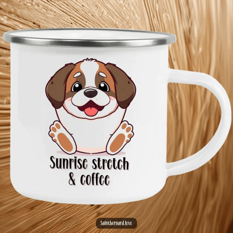Funny Kawaii Saint Bernard Camping Mug showing a dog with paws stretched upwards, looking excited for outdoor fun.