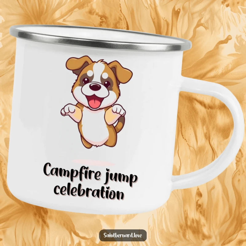 Funny Kawaii Saint Bernard Camping Mug showing a dog with floppy ears doing a happy jump, ready for outdoor fun.