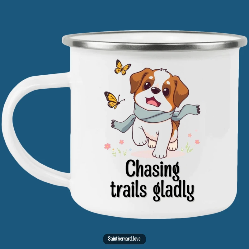 Funny Saint Bernard Butterfly Chase Camping Mug: Outdoor Fun & Canine Charm