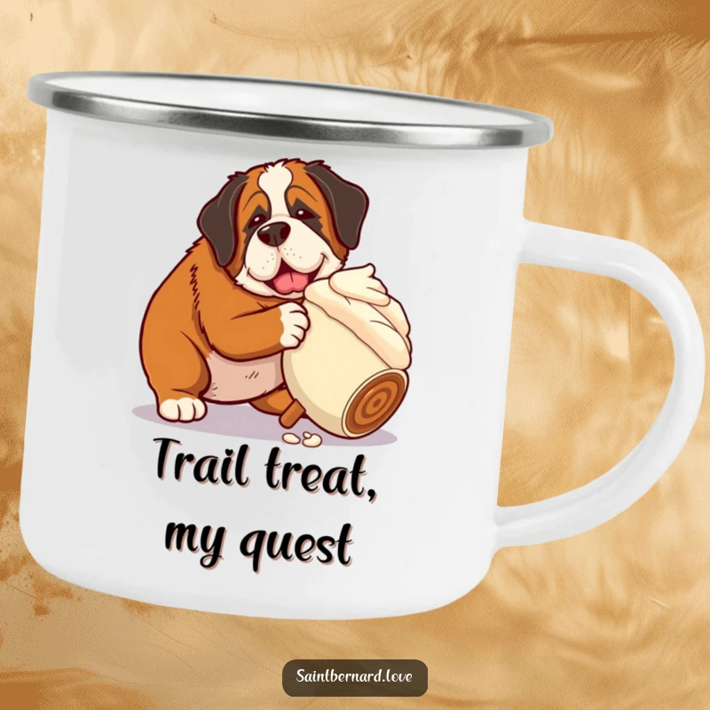 Funny Saint Bernard camping mug showing a dog nudging a giant rolling ice cream cone, perfect for outdoor enthusiasts and dessert lovers.