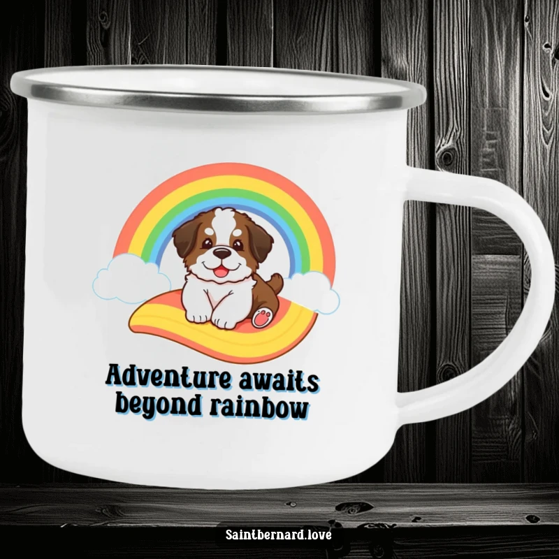 Funny Saint Bernard camping mug, depicting a big fluffy puppy sliding down a cartoon rainbow, ready for outdoor fun.