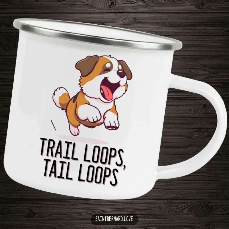 Funny Saint Bernard camping mug showing a large dog hilariously chasing its tail, bringing playful energy to outdoor adventures.