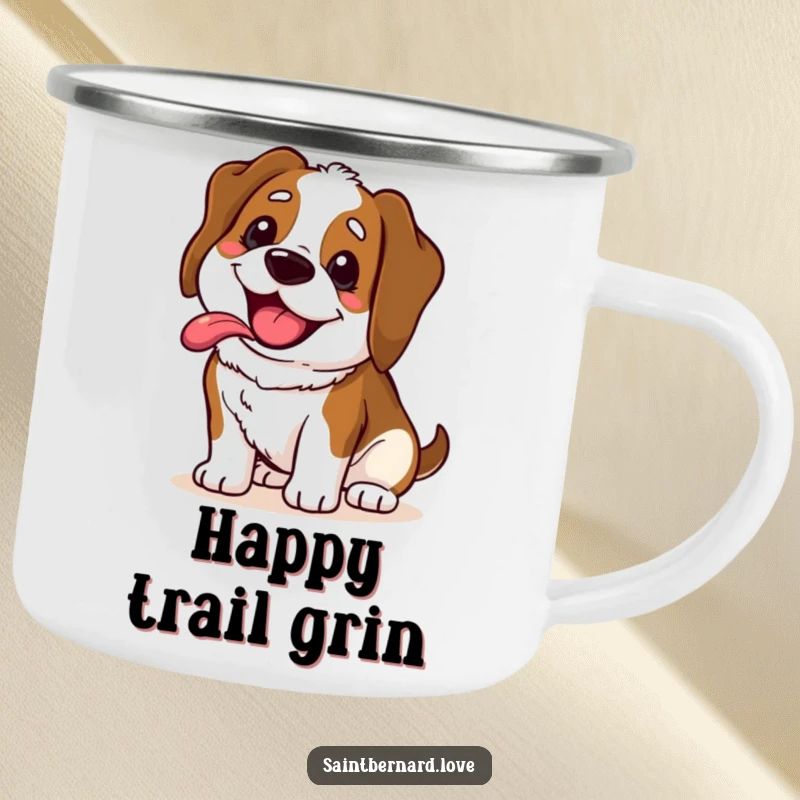 Funny Saint Bernard camping mug featuring a kawaii dog with a wide, happy, panting grin, ideal for enjoying drinks outdoors.
