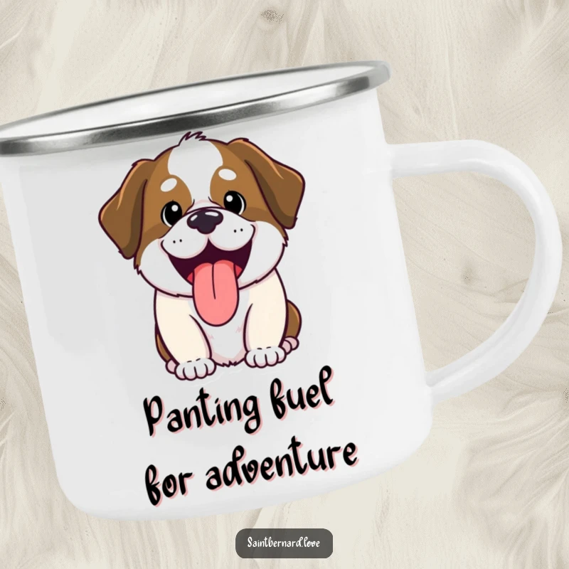 Funny Saint Bernard camping mug, kawaii dog panting happily, durable outdoor drinkware, humorous illustration, perfect funny gift for campers and hikers.