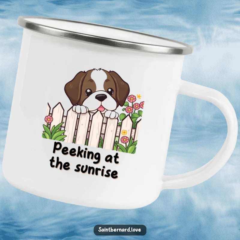 Funny Kawaii Saint Bernard Camping Mug showing a dog peeking over a garden fence, ready for outdoor exploration and fun.