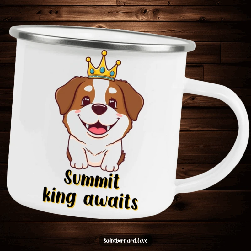 Funny Saint Bernard camping mug with a happy, grinning dog wearing a tiny crown, perfect for royal outdoor enjoyment.