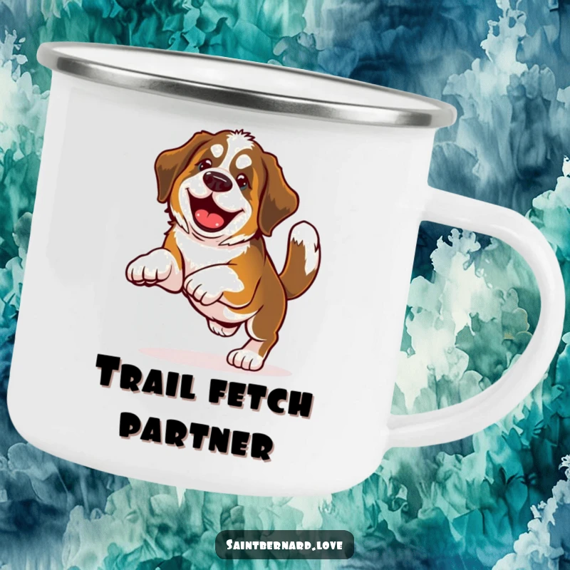 Funny Saint Bernard camping mug showing a happy dog with a wagging tail enthusiastically playing fetch, perfect for outdoor enthusiasts.