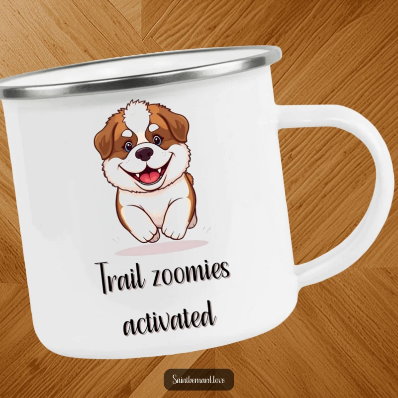Funny Saint Bernard Puppy Camping Mug showcasing a happy, grinning dog, perfect for enjoying beverages during outdoor excursions.