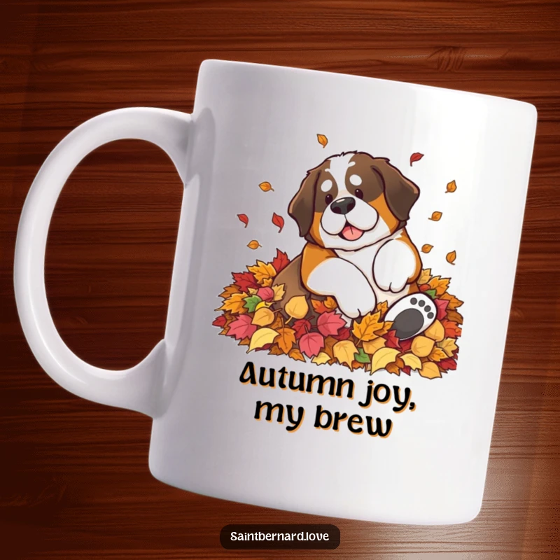 Funny Saint Bernard mug showing a large dog blissfully rolling in a big pile of colorful autumn leaves, embodying pure seasonal delight.