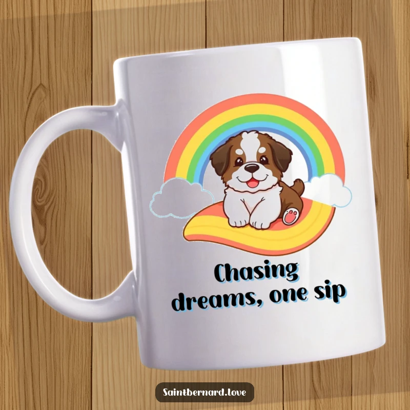 Funny Saint Bernard puppy mug, a big fluffy dog joyfully sliding down a vibrant, cartoon-style rainbow with a happy expression.