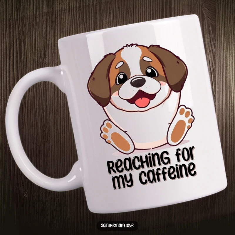 Funny Kawaii Saint Bernard Mug featuring a cute dog with paws stretched upwards, looking excited and ready for fun.