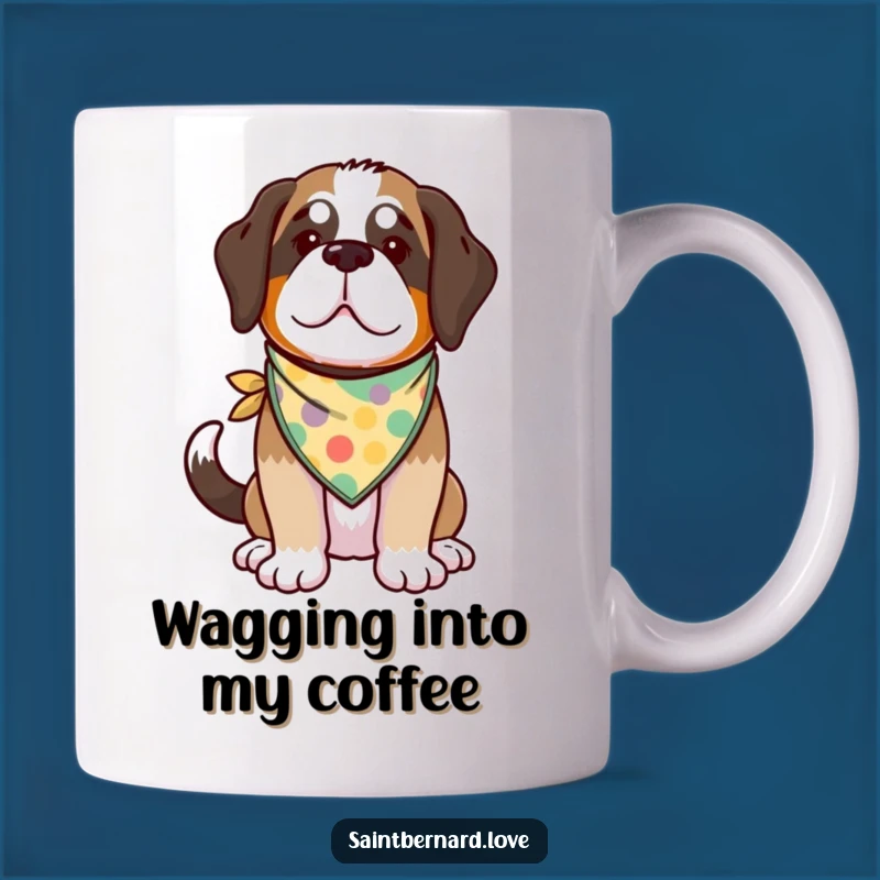 Start your day with a smile from this funny kawaii Saint Bernard mug, captured mid-wag with a vibrant bandana. A perfect gift for dog lovers.