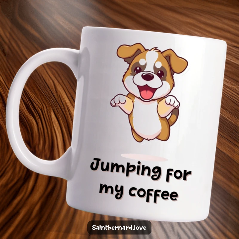 Funny Kawaii Saint Bernard Mug featuring a cute dog with floppy ears joyfully jumping high in the air, radiating happiness.