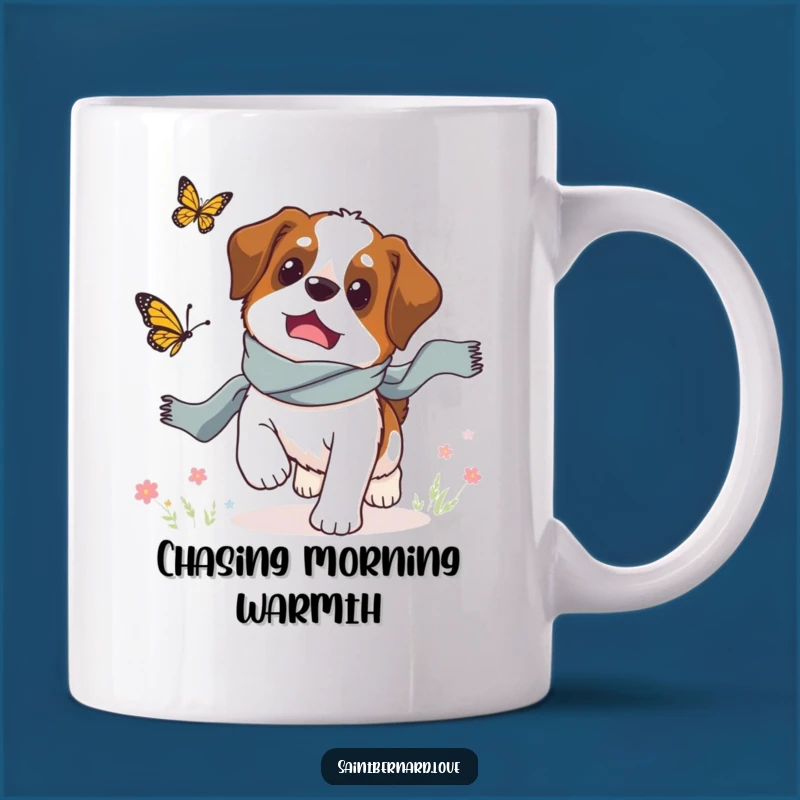 Funny Saint Bernard Chasing Butterfly Mug: Whimsical & Humorous Dog Lover Gift