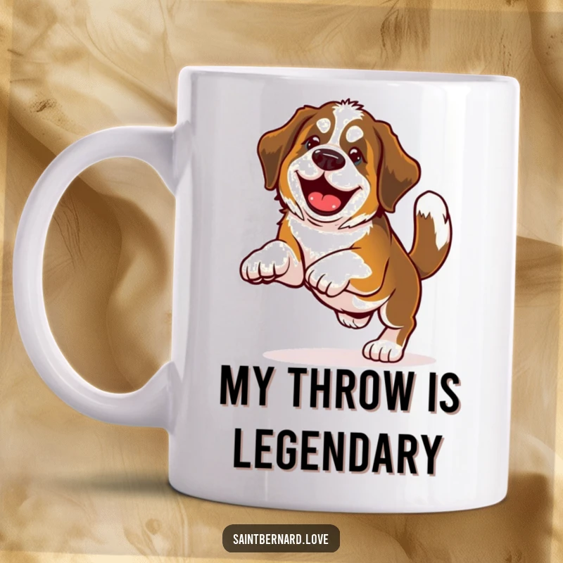 Funny Saint Bernard mug showing a happy dog with a wagging tail enthusiastically playing fetch, capturing pure joy and energy.