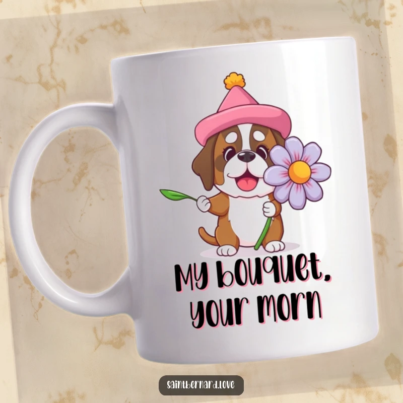 Funny Saint Bernard mug with a silly hat offering a huge flower, showcasing gentle humor and a love for big gestures.