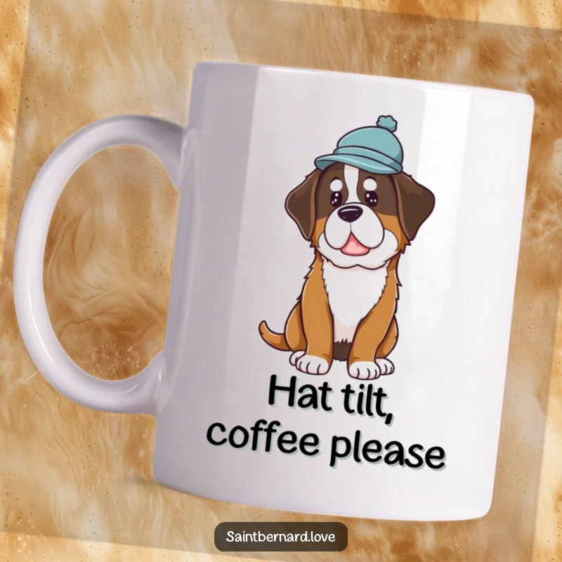 Funny Saint Bernard Mug featuring a dog in a small hat tilting its head with a curious and endearing expression.