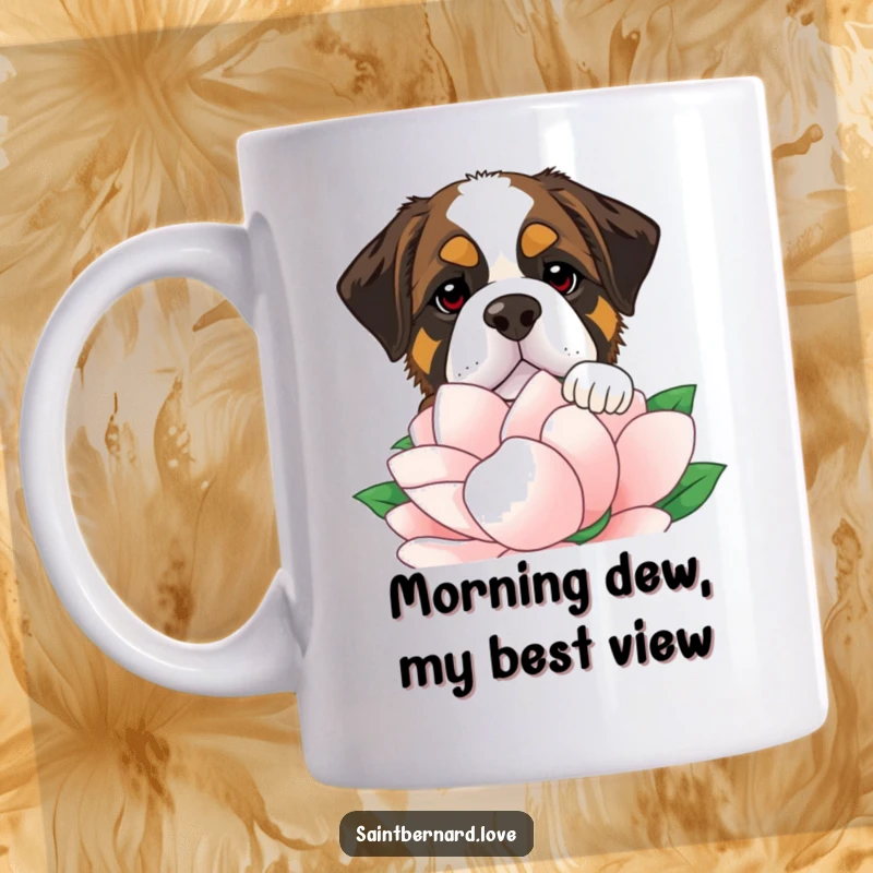 Funny Saint Bernard mug with a gentle giant peeking over an oversized, colorful flower, showcasing a comical and sweet personality.