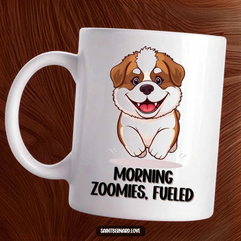 Funny Saint Bernard Puppy Mug featuring a fluffy, joyful dog with a huge grin, enthusiastically racing forward, perfect for dog lovers.