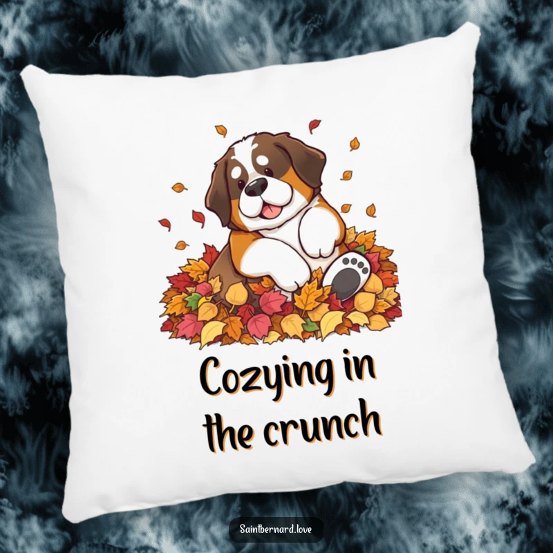 Funny Saint Bernard pillow featuring a large dog blissfully rolling in a pile of colorful autumn leaves, adding comfort and cheer.