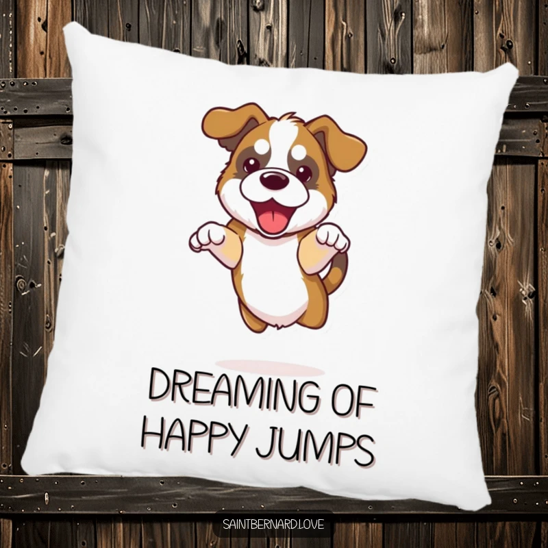 Funny Kawaii Saint Bernard Pillow featuring a dog with floppy ears doing a happy jump, offering comfort and energetic vibes.