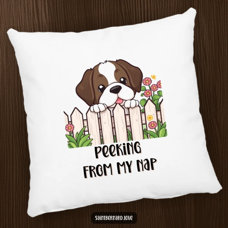 Funny Kawaii Saint Bernard Pillow featuring a dog peeking over a garden fence, offering comfort and a touch of playful mystery.