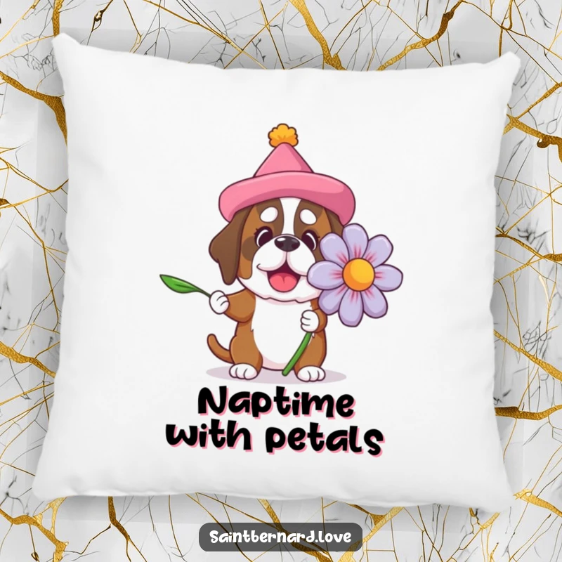 Funny Saint Bernard pillow with a dog in a silly hat holding a massive flower, perfect for adding comfort and humorous charm to decor.