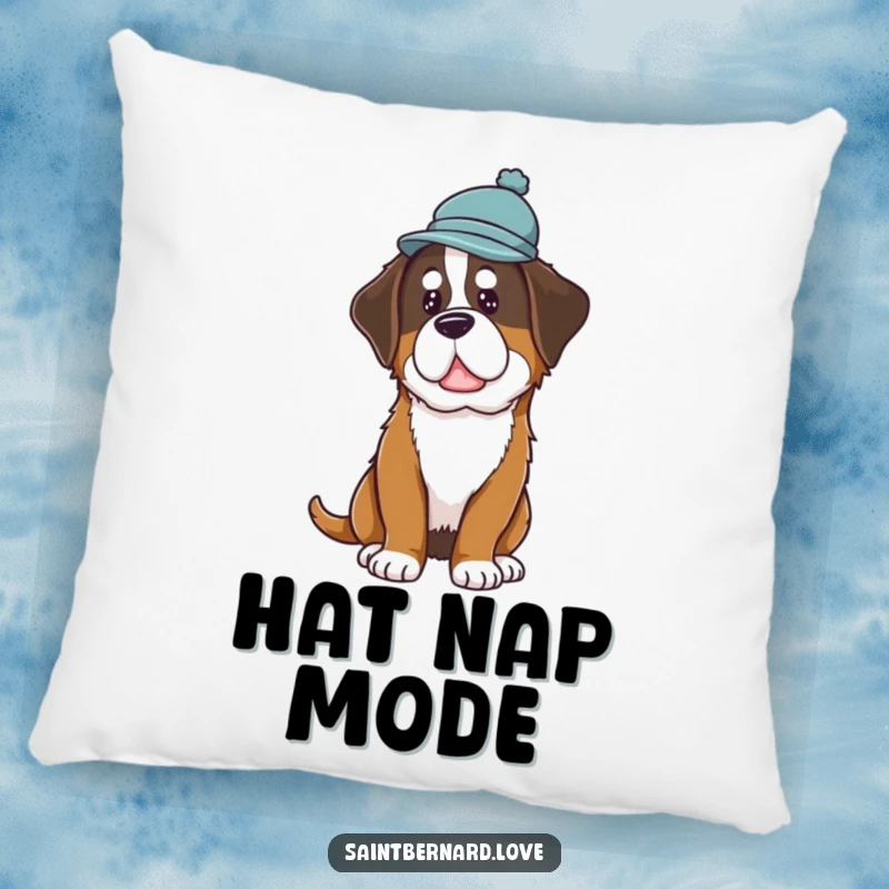 Funny Saint Bernard Hat Pillow featuring a dog in a hat, tilting its head curiously, providing comfort and a humorous touch.