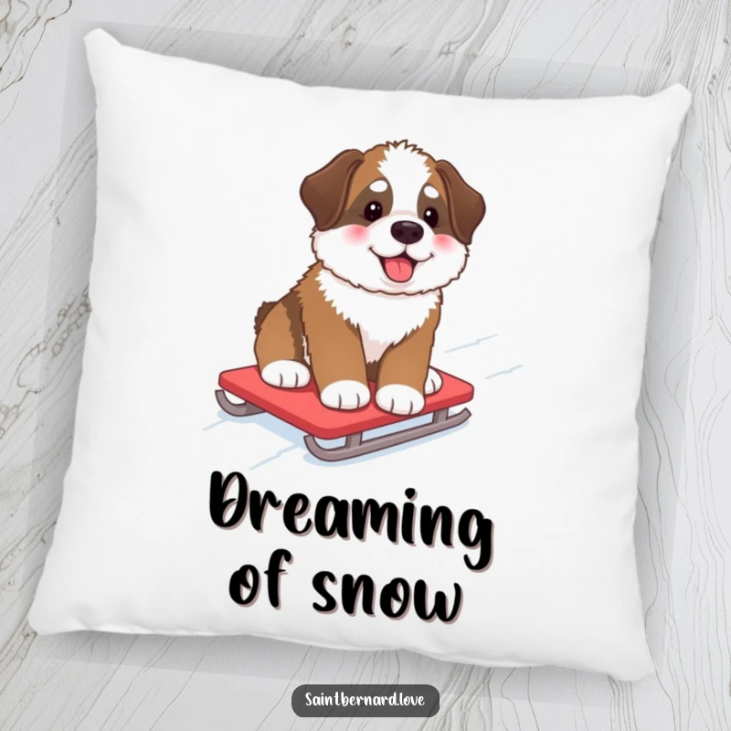 Funny Pillow featuring a fluffy Saint Bernard pup with rosy cheeks, sledding down a snowy hill, offering comfort and a humorous winter vibe.