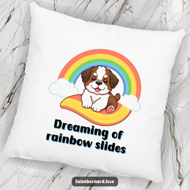 Funny Saint Bernard pillow, showing a big fluffy puppy sliding down a cartoon rainbow, adding a whimsical and comforting touch.