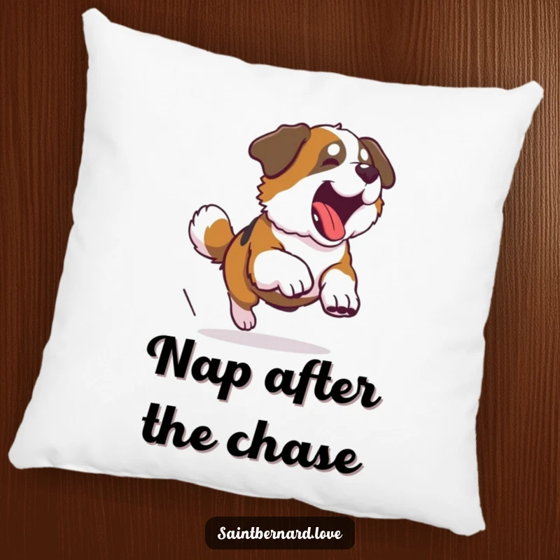 Funny Saint Bernard pillow featuring a large dog hilariously chasing its tail in a circular motion, offering comfort and amusement.