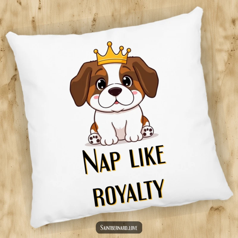 Funny Saint Bernard pillow featuring a proud, crowned Kawaii dog, offering plush comfort and royal humor. A perfect funny gift.