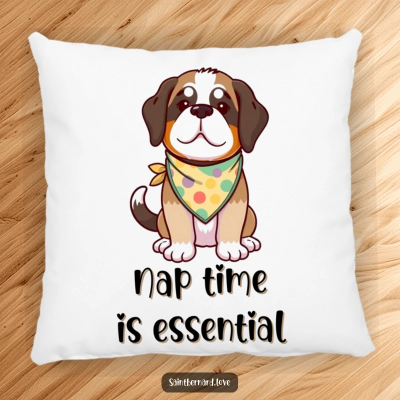 Funny Kawaii Saint Bernard Pillow featuring a cute, happy dog with its tail wagging enthusiastically and wearing a colorful bandana.