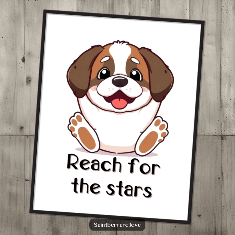 Funny Kawaii Saint Bernard Digital Art Print showing a cute dog with paws stretched upwards, looking excited and full of anticipation.