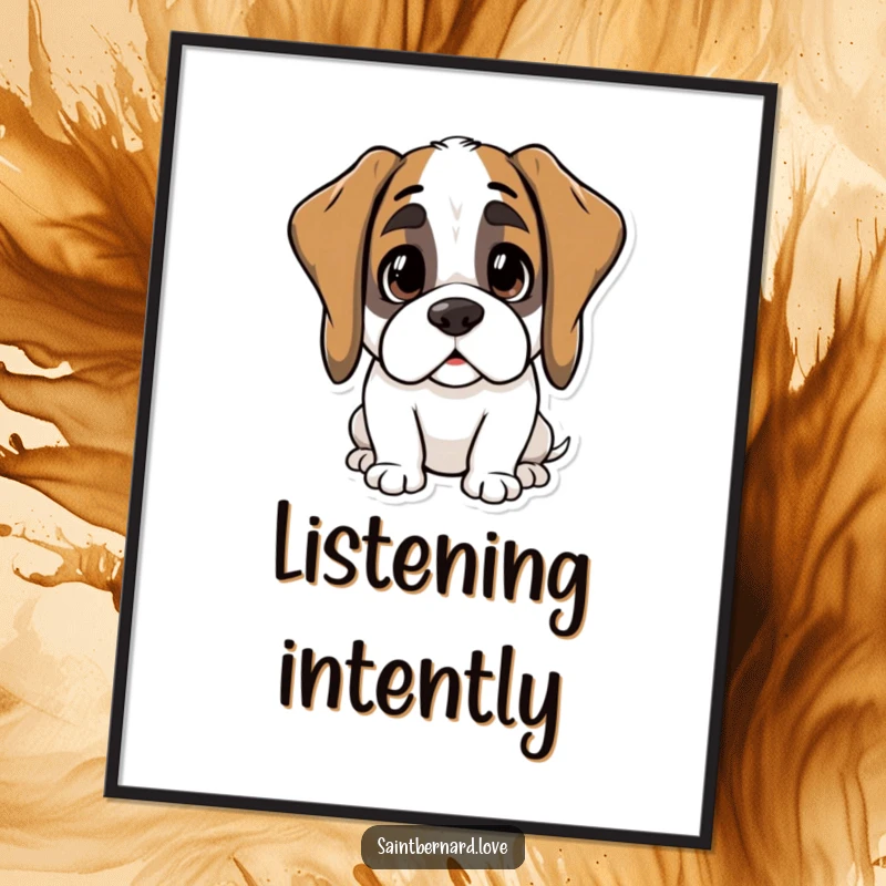 Funny Kawaii Saint Bernard Digital Art Print: An illustration of a cute dog with ears perked, showing keen interest. A perfect funny gift.