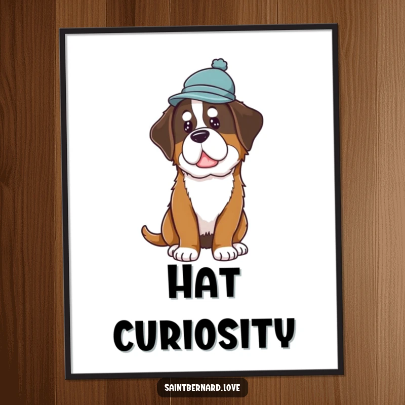 Funny Saint Bernard Hat Digital Art showcasing a dog in a hat tilting its head with curiosity, perfect for instant digital decoration.