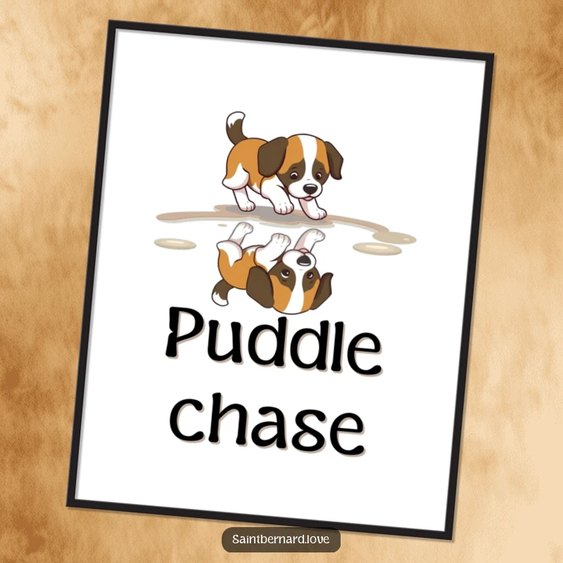 Funny Saint Bernard Puddle Digital Art showcasing a dog with a wagging tail, chasing its reflection, perfect for instant digital enjoyment.