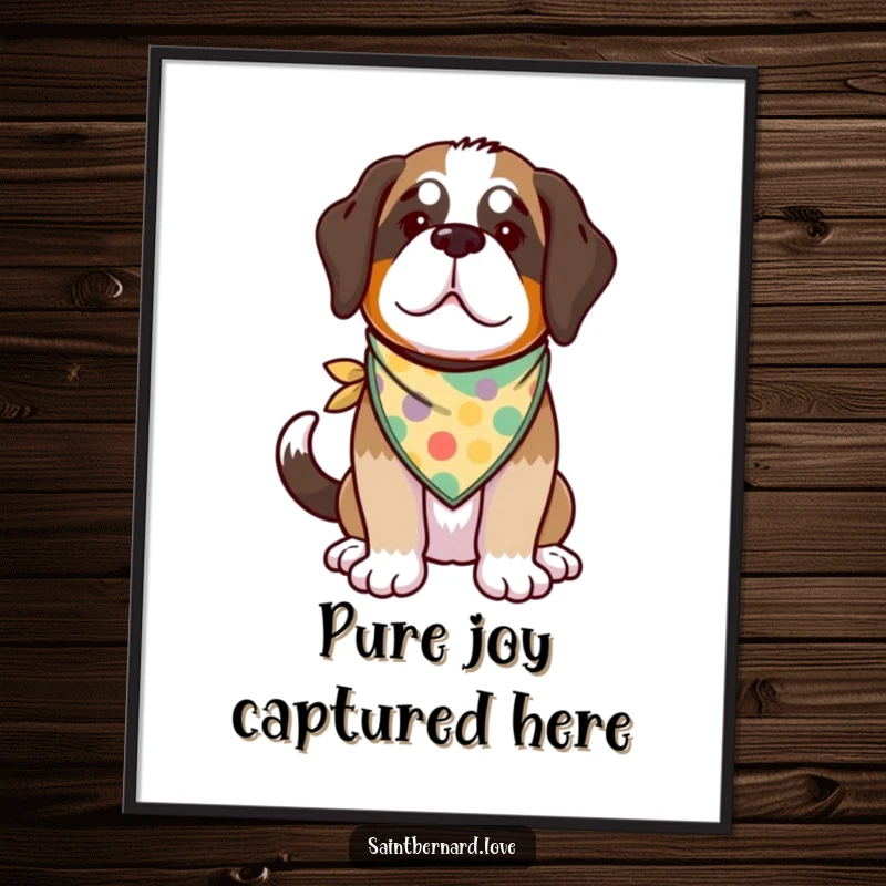 Funny Kawaii Saint Bernard Digital Art Print showing a vibrant illustration of a happy dog with its tail wagging and wearing a bandana.