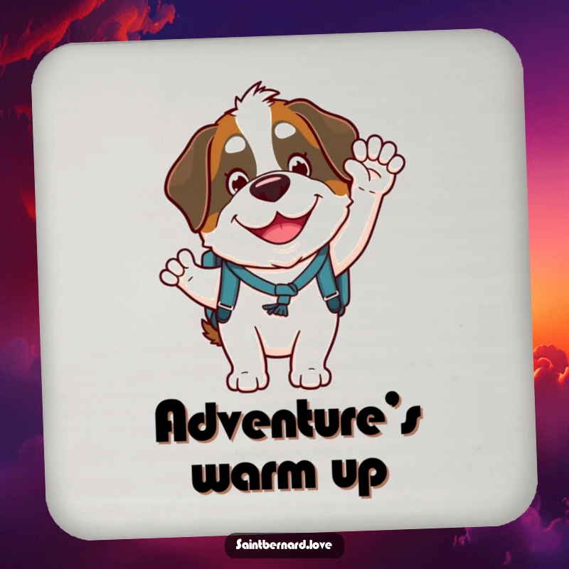 Funny Saint Bernard coaster featuring a goofy character in a small backpack, smiling and waving, designed to protect tables with charm and humor.