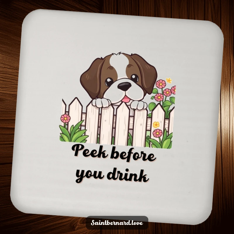 Funny Kawaii Saint Bernard Drink Coaster featuring a dog peeking over a garden fence, adding a touch of playful curiosity.
