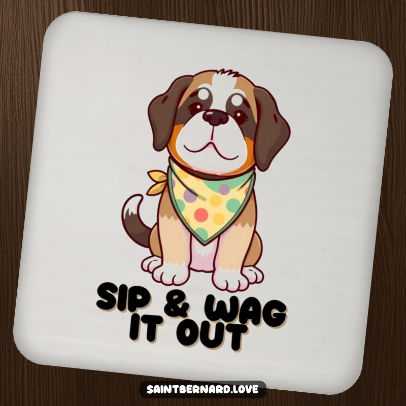 Funny Kawaii Saint Bernard Drink Coaster featuring a happy dog with a wagging tail and a colorful bandana, protecting your furniture.